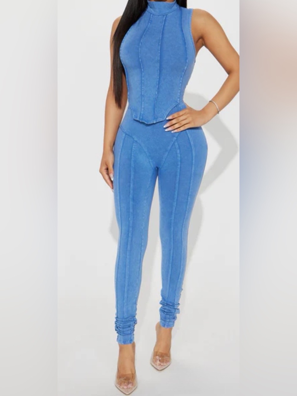 Sleek Blue High-Rise Seam-Detail Skinny Leggings set